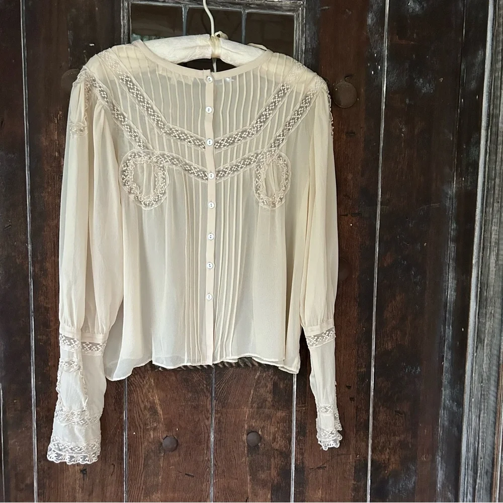 LoveShackFancy | Lace pin tucked Top Blouse Cream Puff Sleeve S